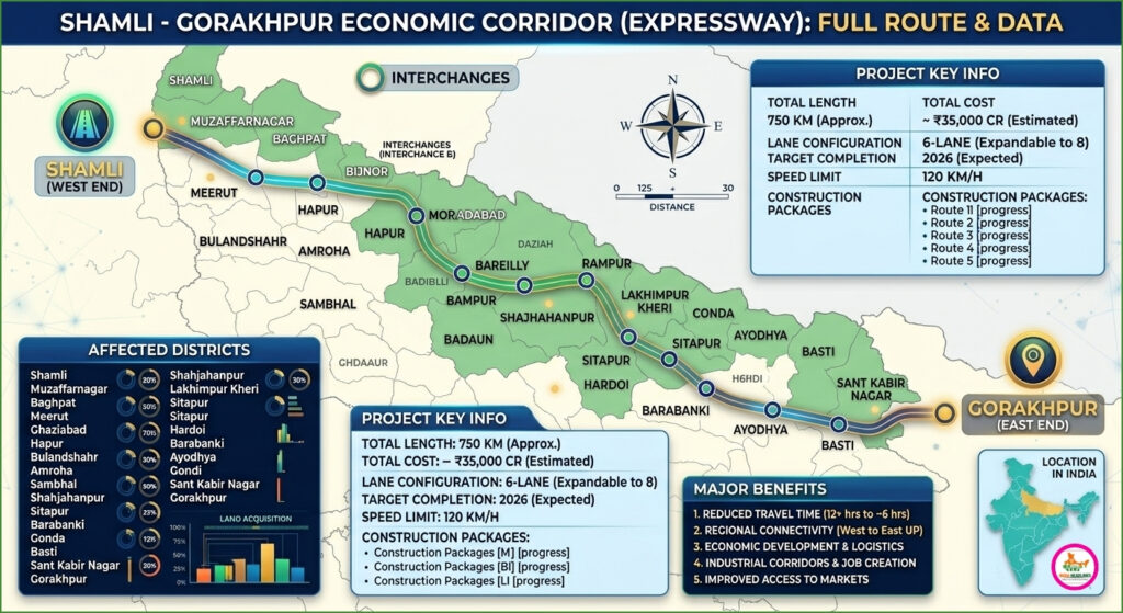 Shamli Gorakhpur Expressway map highlighting 18 affected districts and land acquisition zones