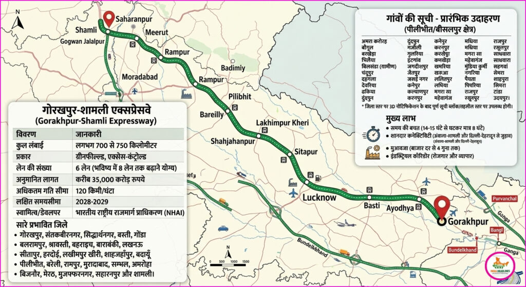 Shamli Gorakhpur Expressway Route Map showing full corridor from Shamli to Gorakhpur